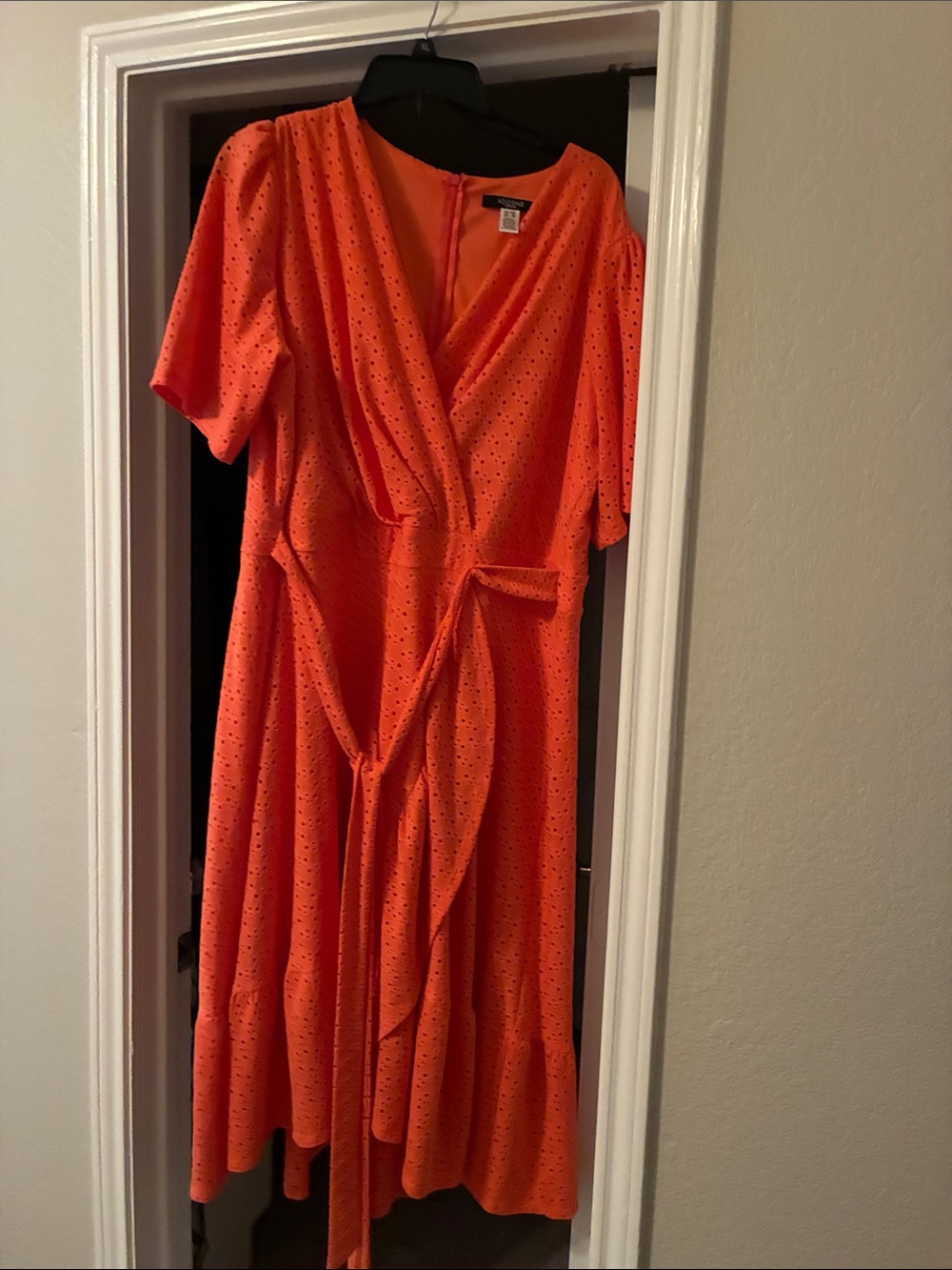 Bright Orange Eyelet Wrap Midi Dress with Tie Waist